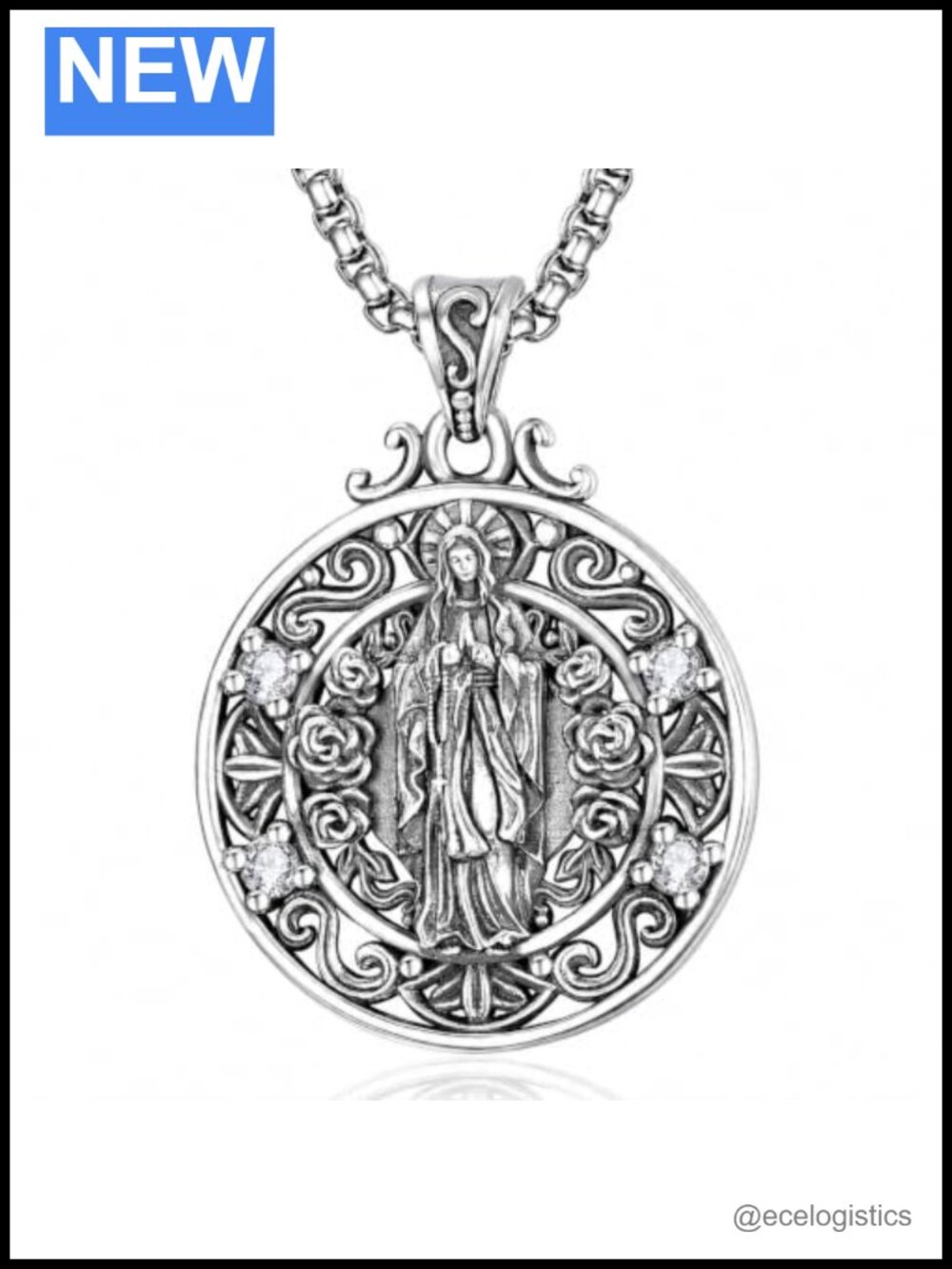 925 Sterling Silver Virgin Mary Pendant Necklace 25mm Adjustable Chain